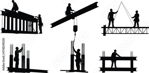 Construction worker silhouettes on building site, crane lifting steel beam, rebar installation, teamwork safety, industrial labor, architecture structure, engineering project