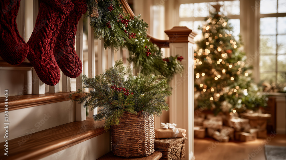 Obraz premium Cozy Christmas Decorations: Capturing the enchanting ambiance of the festive season, a decorated staircase leads to a beautifully illuminated Christmas tree.