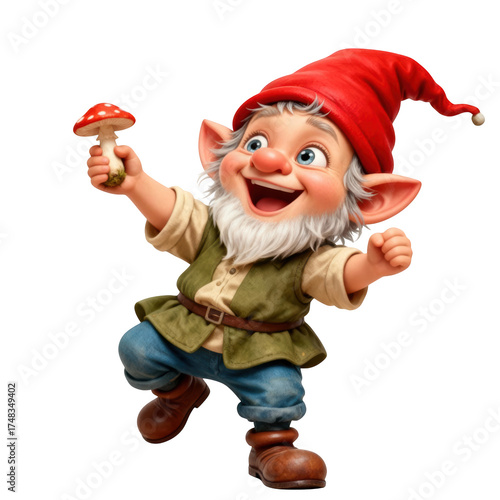 Happy fantasy gnome character dancing with little red mushroom. Cheerful mythical folklore illustration