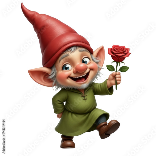 Happy gnome character holding single red rose. This cheerful fantasy creature offers romantic flower gift