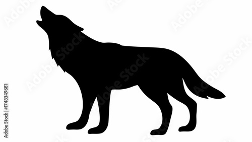 Silhouette of a howling wolf with its head raised and tail down in a side profile on a white background