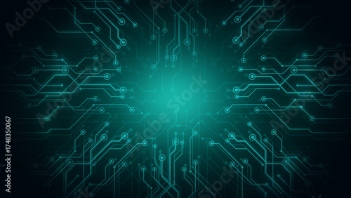 Circuit board CPU processor with glowing electrons and AI microchip elements. Green and turquoise cyber background with motherboard graphics. Perfect for technology visuals, futuristic digital art, sc