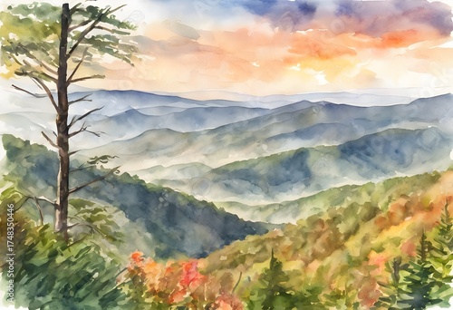 Misty Blue Ridge Mountains at Sunrise with Autumn Colors