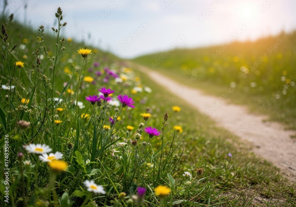 Obraz premium Sunlit meadow path lined with colorful wildflowers under a clear sky