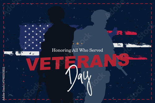 Vector banner with soldier silhouettes honoring veterans and fallen heroes. USA Veterans Day and national pride events.