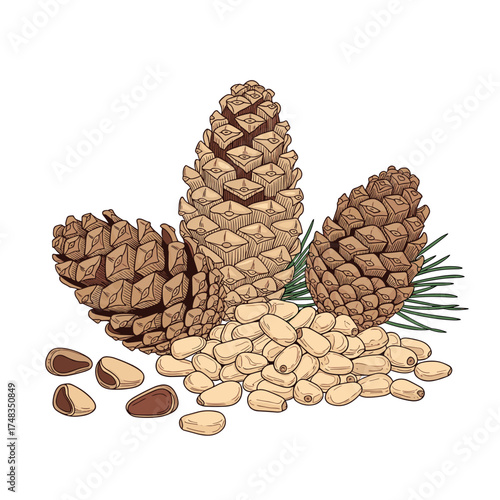 A close up illustration of pine cones and shelled pine nuts.