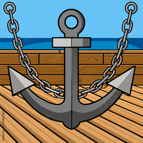 Cartoon style anchor with chains on wooden deck by the sea