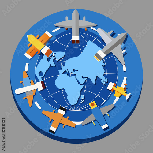 Colorful airplanes flying around a world map design