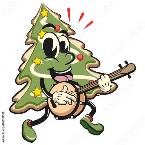 cute christmas tree cookie mascot cartoon character playing the banjo musical instrument, vector illustration isolated, work of hand drawn
