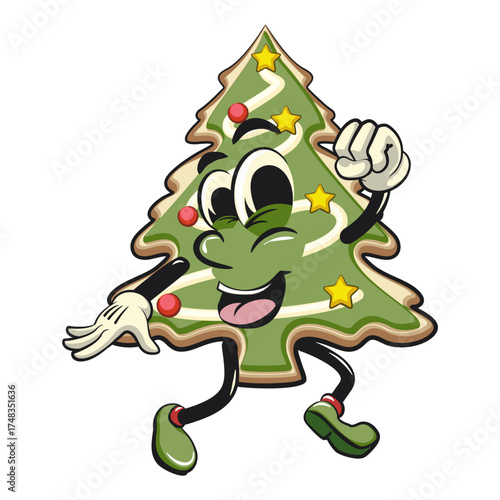 cute christmas tree cookie mascot cartoon character rejoice by jumping cheerfully, vector illustration isolated, work of hand drawn