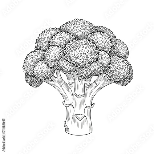 Close up of a detailed black and white illustration of a broccoli floret with its stem and branches visible.
