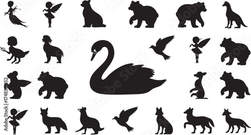 Collection of black animal and fairy silhouettes on Religious Symbol white swan