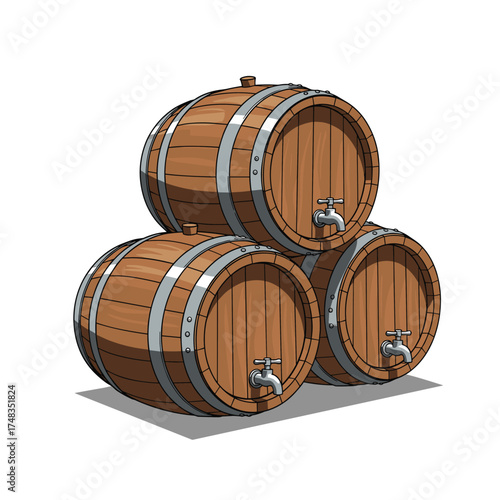 Three wooden barrels stacked and ready for storage or transport.