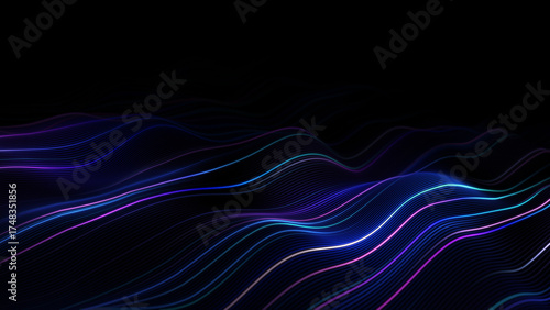 Abstract background with multicolor waves forming a dynamic plane of glowing lines, fibers, and wires, 3D digital illustration with neon light effects and smooth motion, futuristic technology concept 