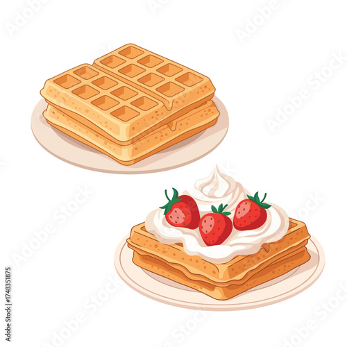 Two delicious waffles served on plates with one topped with fresh strawberries and whipped cream.