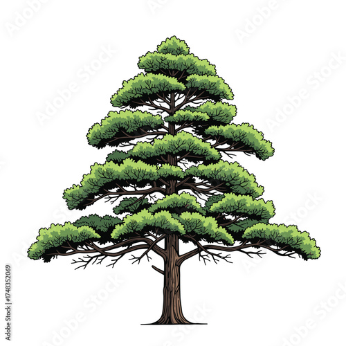 A majestic evergreen pine tree with lush green foliage and a strong trunk.