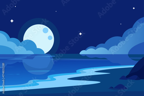 Illustration of a moonlit beach with clouds and stars