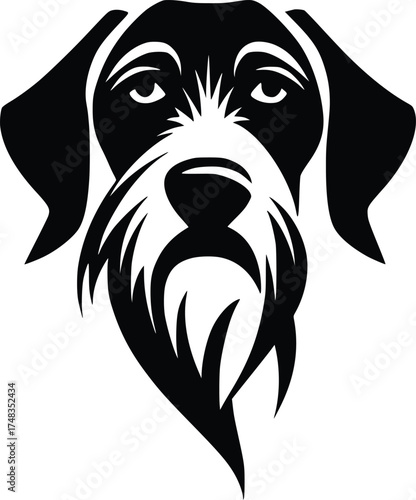 Wirehaired Vizsla head silhouette with textured beard, pointed ears, and focused gaze in black vector
