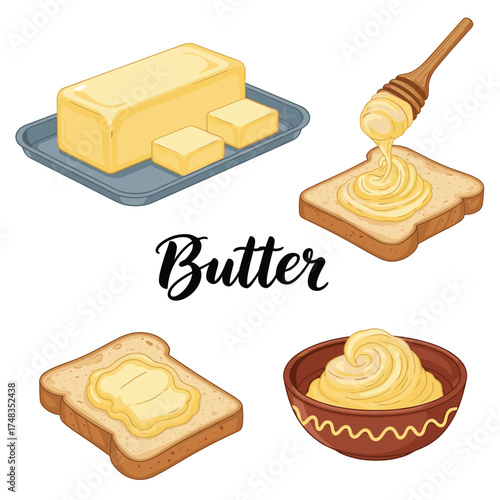 A delicious spread of butter on toast and in a bowl.