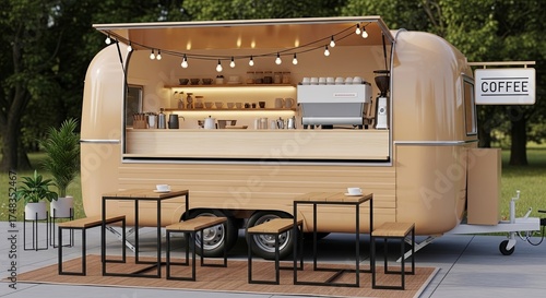 Charming mobile coffee trailer in an outdoor park, featuring ambient string lights, modern seating, and delicious artisan beverages for patrons