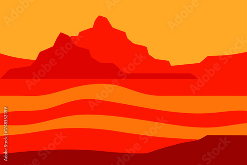 Red landscape with mountains and wavy ground layers