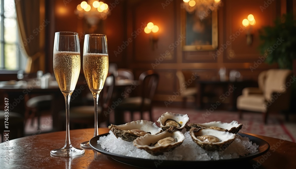 Fototapeta premium Two champagne glasses stand beside a plate of oysters on ice. The setting is a luxury restaurant with soft lighting and classic decor. A culinary scene for a celebration.