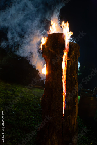 The raw elemental force of fire. Intense orange flames and thick smoke erupt from a split log, providing warmth and light in the darkness of the woods.