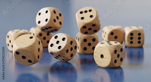 Ten wooden dice scattered and tumbling on a blue surface