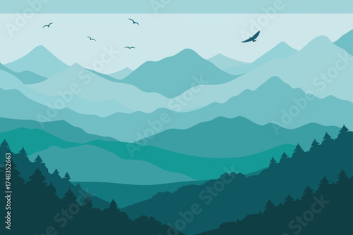 Scenic mountain range with birds flying in the sky