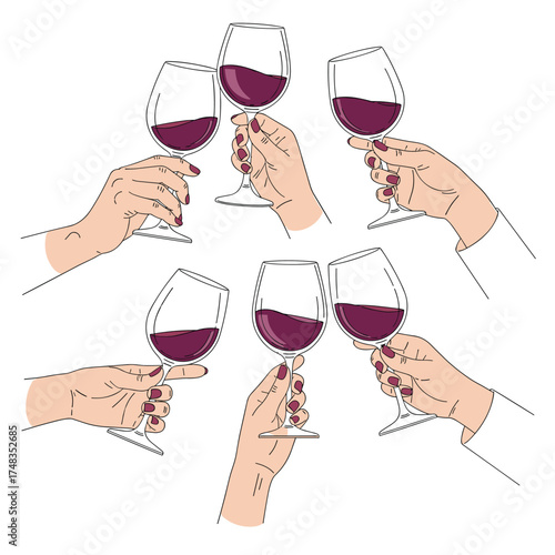 Seven hands raise their glasses of red wine in a celebratory toast.