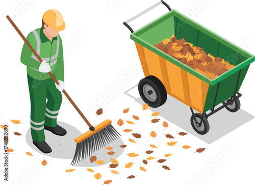 Isometric street cleaner sweeping leaves autumn seasonal cleanup vector design