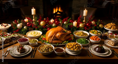 A Festive And Abundant Holiday Feast Prepared And Served On A Wooden Table