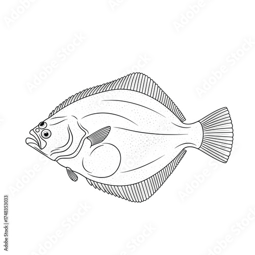 A detailed illustration of a flatfish showing its distinctive asymmetrical body shape and fin structure.