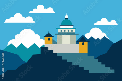Illustration of a temple on a mountain with clouds