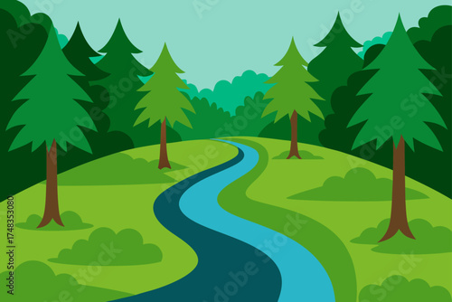 Illustration of a river flowing through a green forest