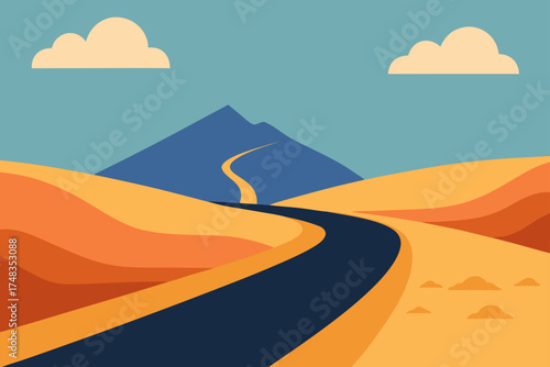 Winding road through desert landscape with mountain