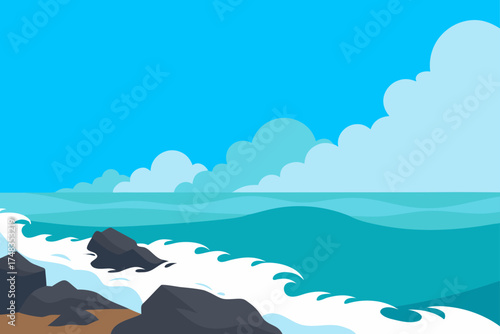 Ocean waves crashing on rocks under a cloudy sky