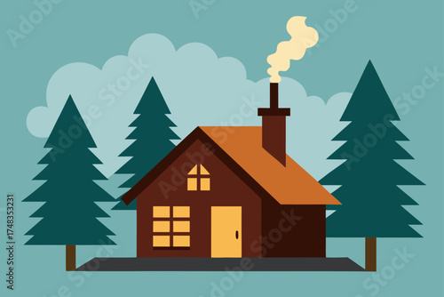Illustration of a cabin in the woods with smoke rising