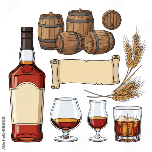 A collection of barrels whiskey bottle and glasses with wheat stalks.