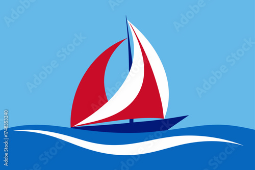 Stylized sailboat with red and white sails on water