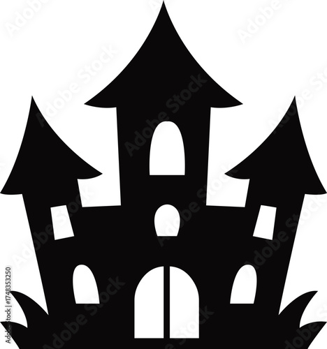Black and white silhouette of a castle with turrets and battlements against a plain background.Silhouette of a castle in black and white, featuring tall towers and a fortified structure.
