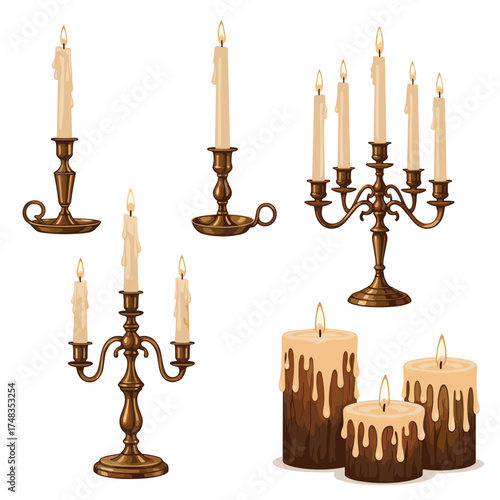 A collection of five antique brass candle holders with lit candles and dripped wax from three large pillar candles.