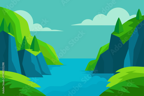 Cartoon landscape with water cliffs and some clouds