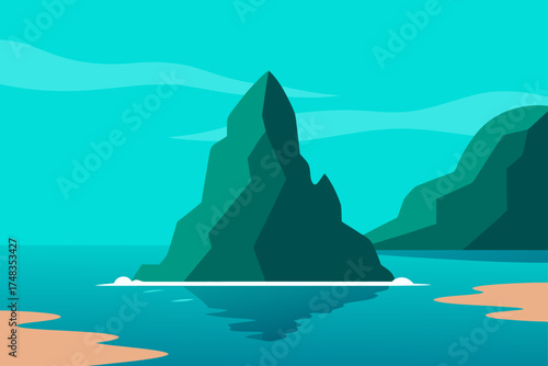 Illustration of a rocky island in a blue sea view