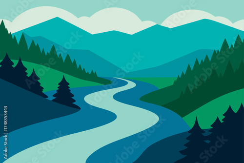 Illustration of a river flowing through the mountains