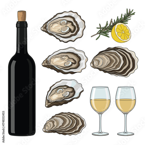 A bottle of wine with oysters and lemon wedges and fresh herbs and two glasses of wine.