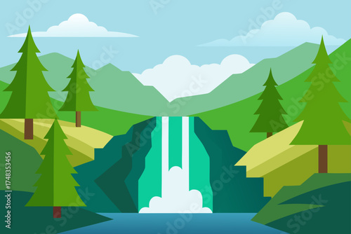 Illustration of a waterfall with trees and mountains