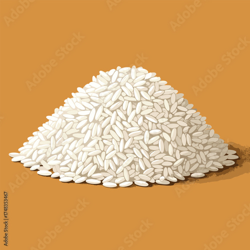 A pile of uncooked white rice grains on a solid background.
