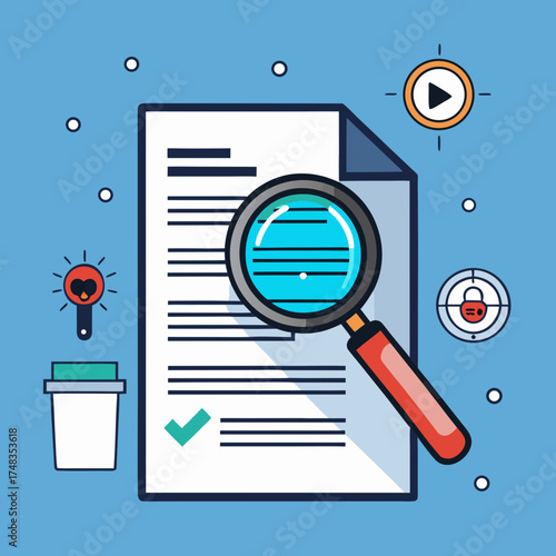 Magnifying glass analyzing a digital document for malicious code