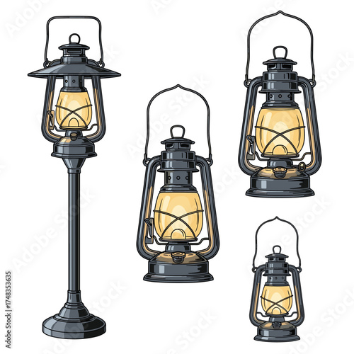 Collection of antique kerosene lanterns with illuminating flames.